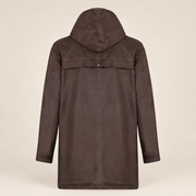 Straight rear product view of the Norcliffe men's brown hooded leather parka.