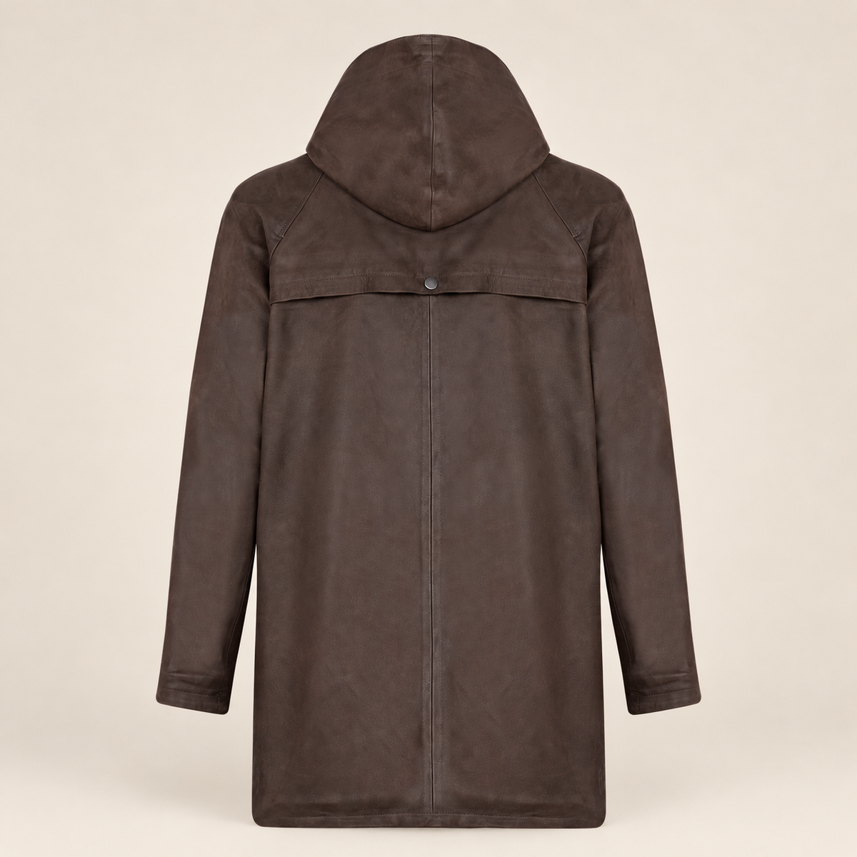 Straight rear product view of the Norcliffe men's brown hooded leather parka.