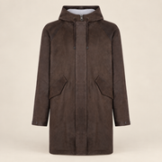 Straight front product view of the Norcliffe men's brown hooded leather parka.