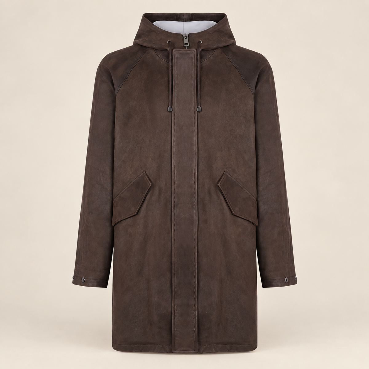 Straight front product view of the Norcliffe men's brown hooded leather parka.