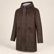 Three-quarter product view of the Norcliffe men's brown hooded leather parka.