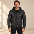 Male model wearing the Northwick Black genuine leather zip hoodie, front view.