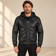 Male model wearing the Northwick Black genuine leather zip hoodie, front view.