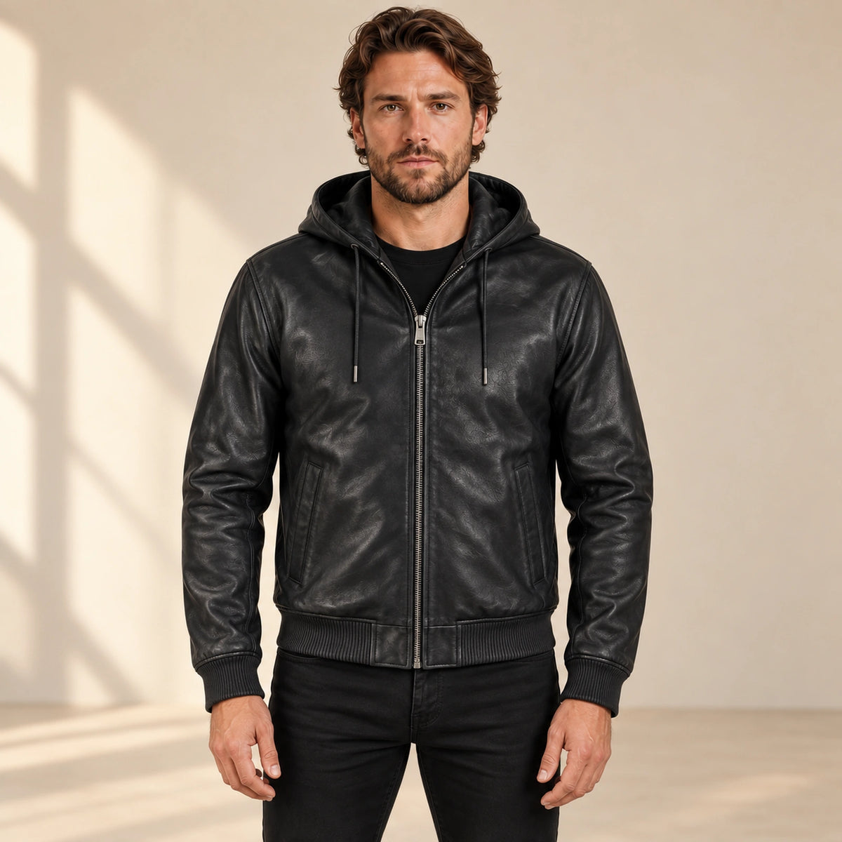 Male model wearing the Northwick Black genuine leather zip hoodie, front view.