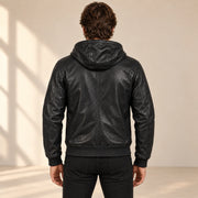 Male model wearing the Northwick Black genuine leather zip hoodie, back view.