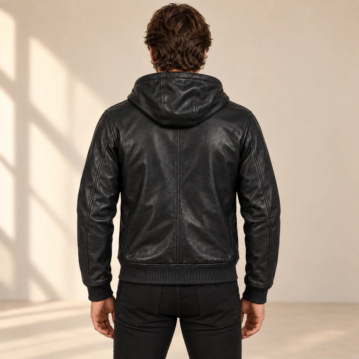 Male model wearing the Northwick Black genuine leather zip hoodie, back view.
