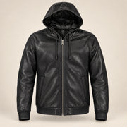 Northwick Black genuine leather zip hoodie, straight product-only front view.