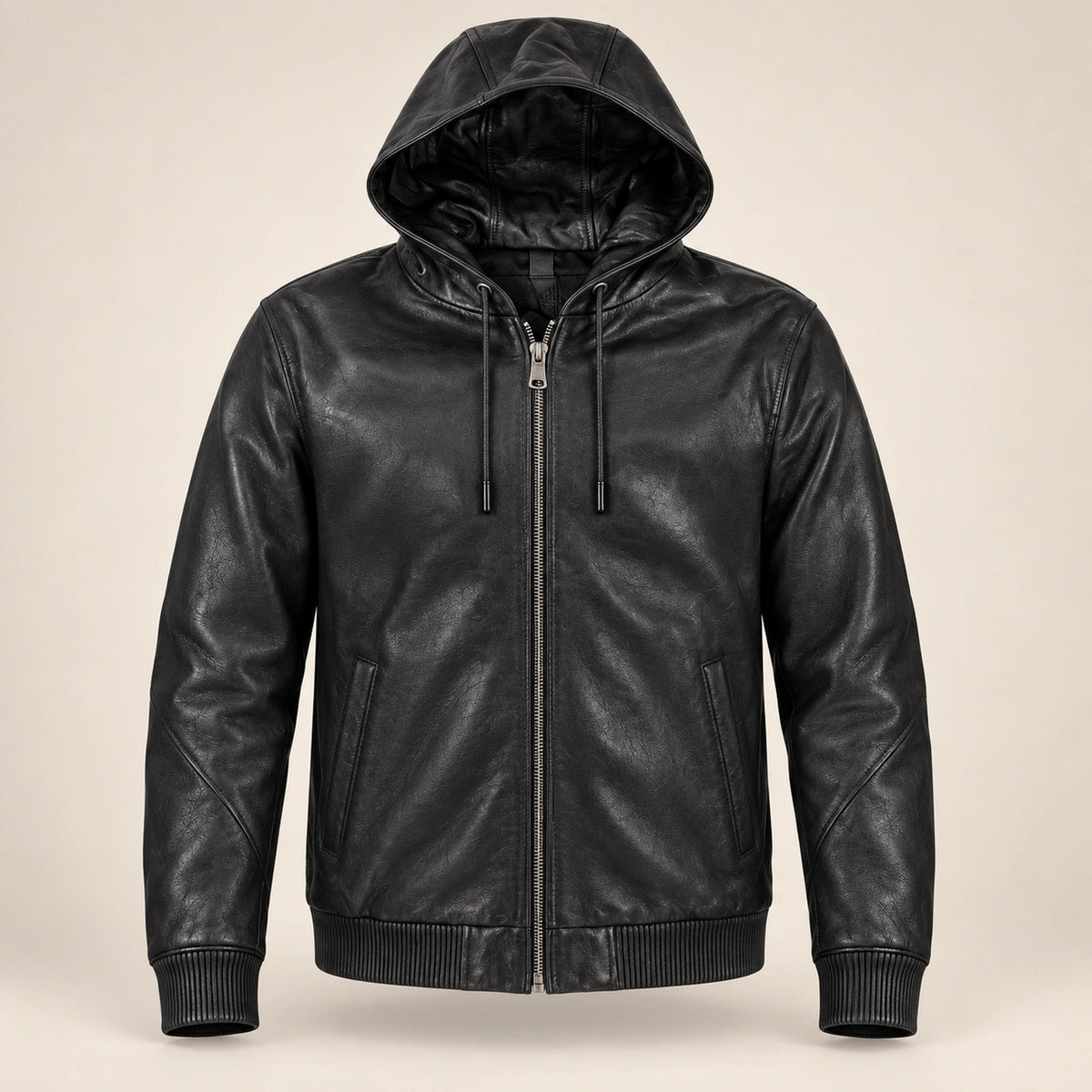 Northwick Black genuine leather zip hoodie, straight product-only front view.