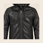 Close-up of the Northwick Black leather texture, front zipper and side pocket construction.