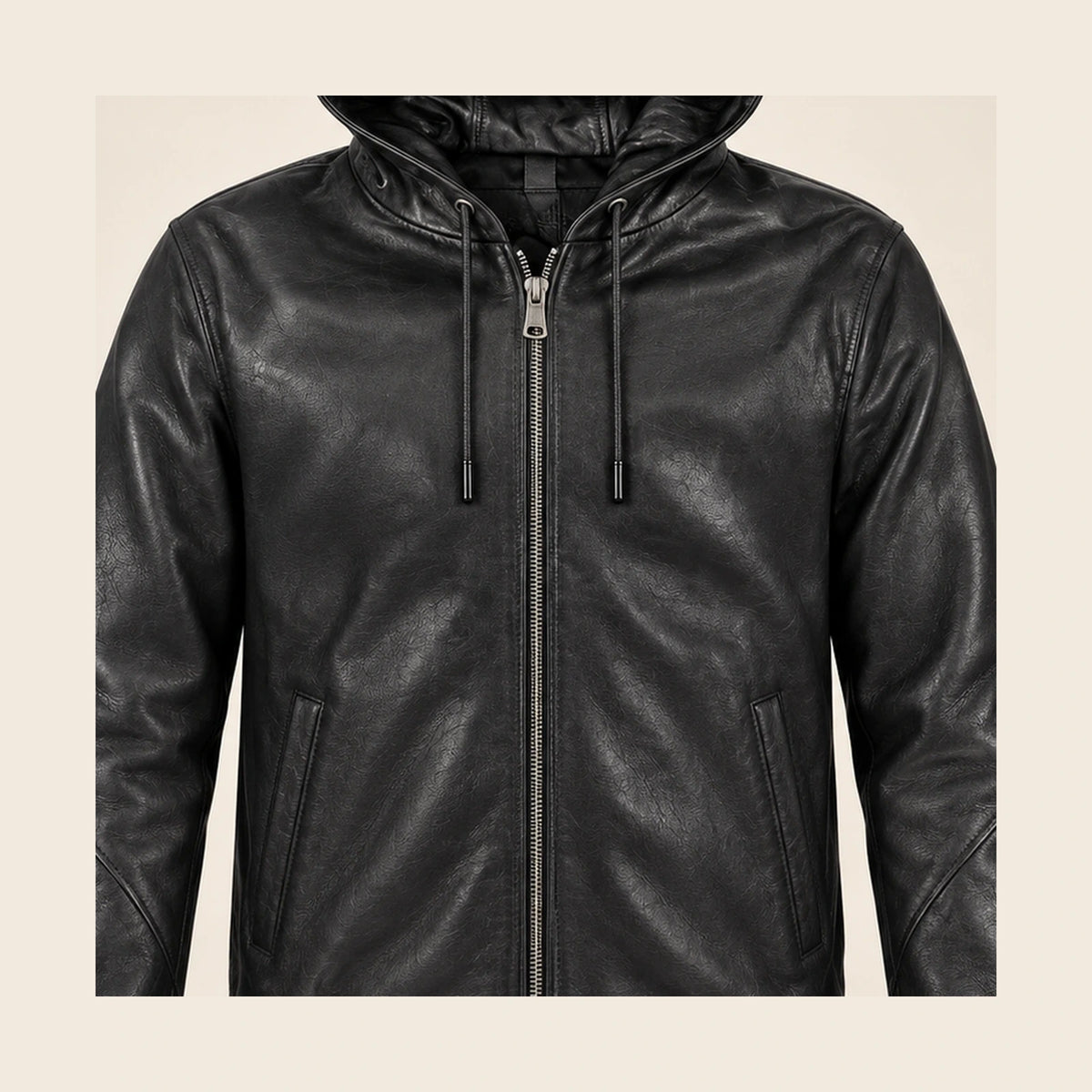 Close-up of the Northwick Black leather texture, front zipper and side pocket construction.