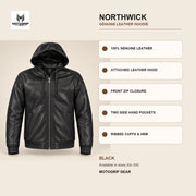 Northwick Black genuine leather hoodie infographic showing its confirmed construction features.