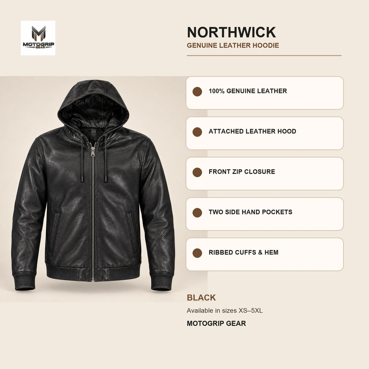 Northwick Black genuine leather hoodie infographic showing its confirmed construction features.