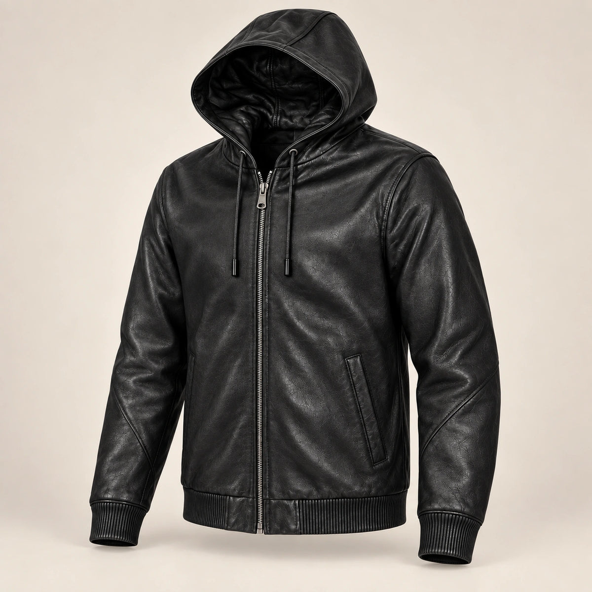 Northwick Black genuine leather zip hoodie, product-only three-quarter front view.