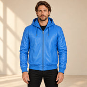 Male model wearing the Northwick Blue genuine leather zip hoodie, front view.