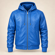 Northwick Blue genuine leather zip hoodie, straight product-only front view.