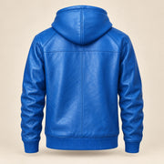 Northwick Blue genuine leather zip hoodie, straight product-only back view.