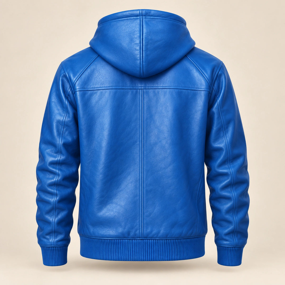 Northwick Blue genuine leather zip hoodie, straight product-only back view.