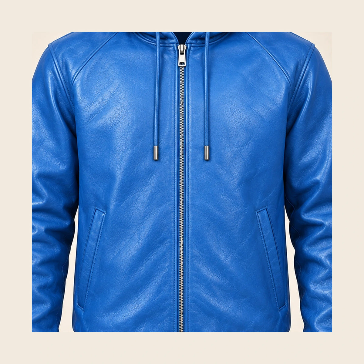 Close-up of the Northwick Blue leather texture, front zipper and side pocket construction.