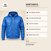 Northwick Blue genuine leather hoodie infographic showing its confirmed construction features.