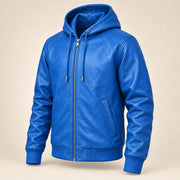 Northwick Blue genuine leather zip hoodie, product-only three-quarter front view.