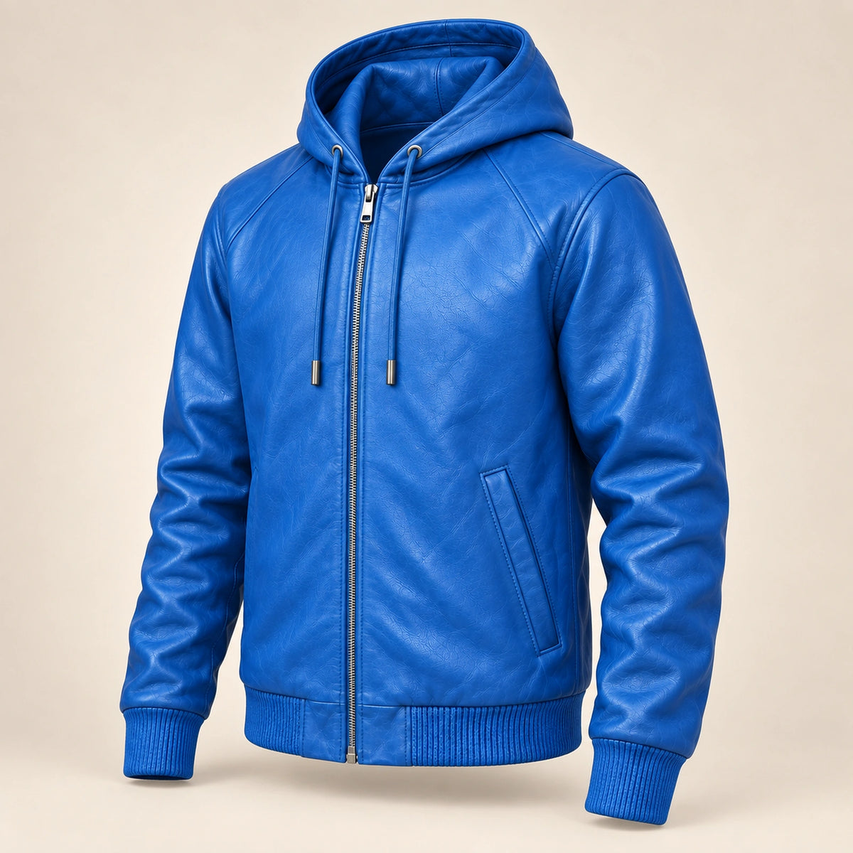 Northwick Blue genuine leather zip hoodie, product-only three-quarter front view.
