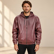 Male model wearing the Northwick Burgundy genuine leather zip hoodie, front view.