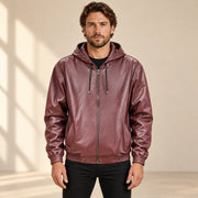 Male model wearing the Northwick Burgundy genuine leather zip hoodie, front view.