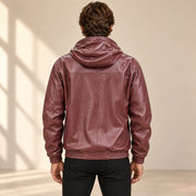 Male model wearing the Northwick Burgundy genuine leather zip hoodie, back view.