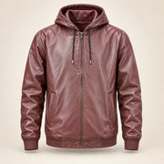 Northwick Burgundy genuine leather zip hoodie, straight product-only front view.