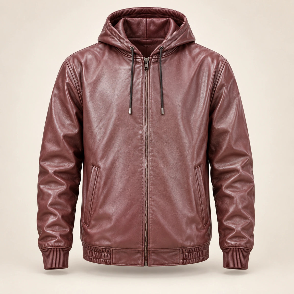 Northwick Burgundy genuine leather zip hoodie, straight product-only front view.