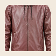 Close-up of the Northwick Burgundy leather texture, front zipper and side pocket construction.