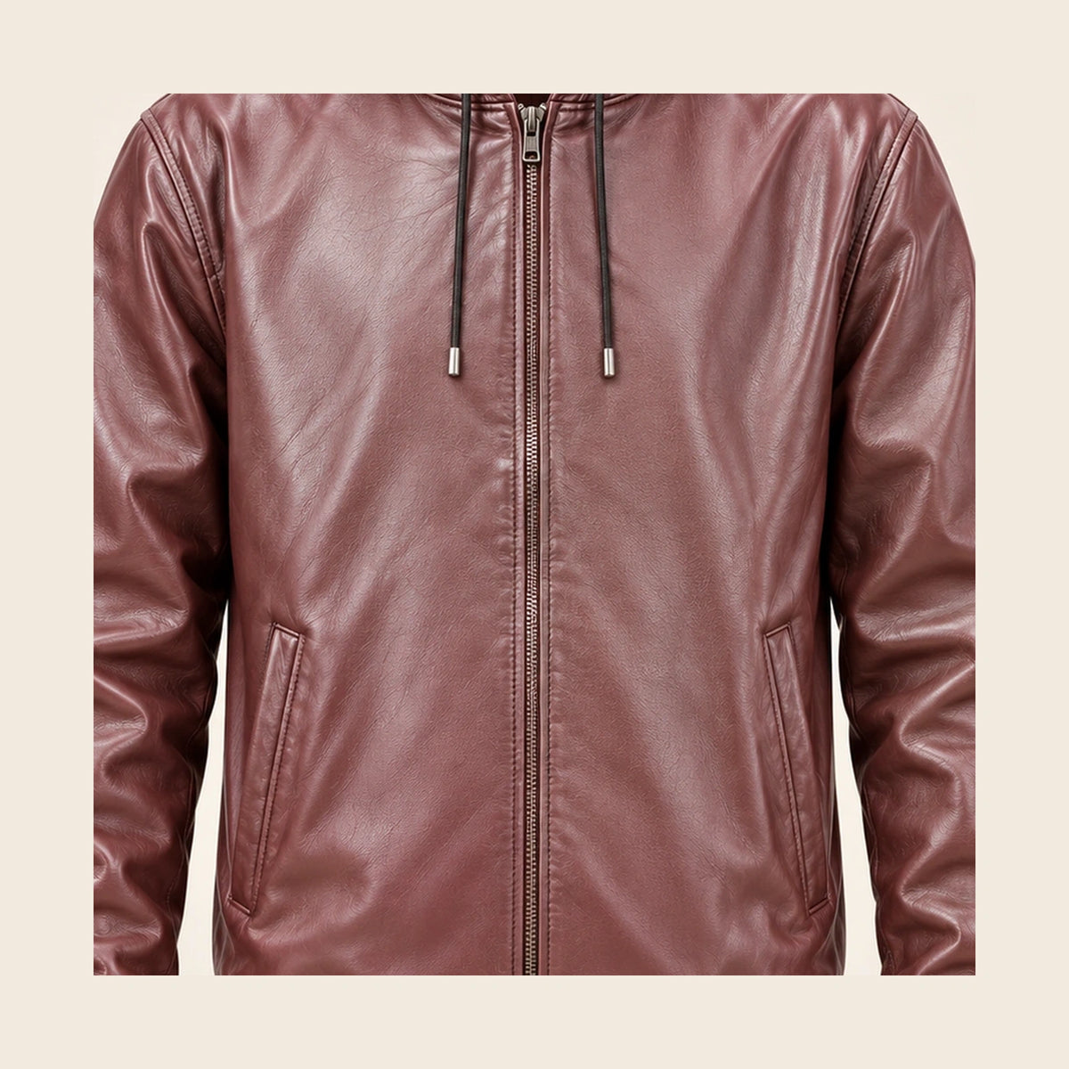 Close-up of the Northwick Burgundy leather texture, front zipper and side pocket construction.