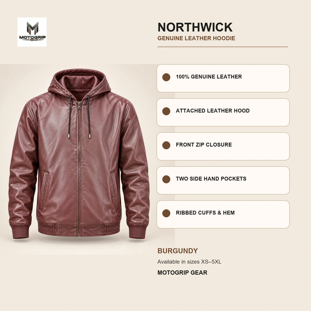 Northwick Burgundy genuine leather hoodie infographic showing its confirmed construction features.