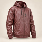 Northwick Burgundy genuine leather zip hoodie, product-only three-quarter front view.