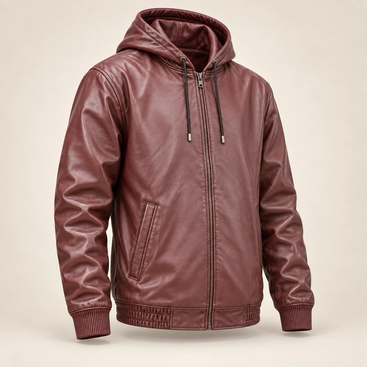 Northwick Burgundy genuine leather zip hoodie, product-only three-quarter front view.