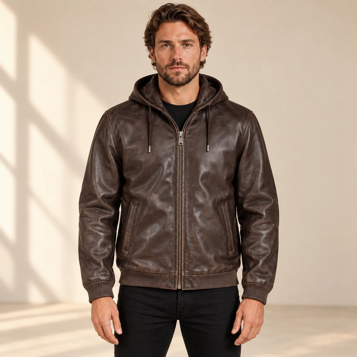 Male model wearing the Northwick Cafe Brown genuine leather zip hoodie, front view.