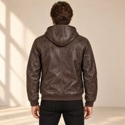 Male model wearing the Northwick Cafe Brown genuine leather zip hoodie, back view.
