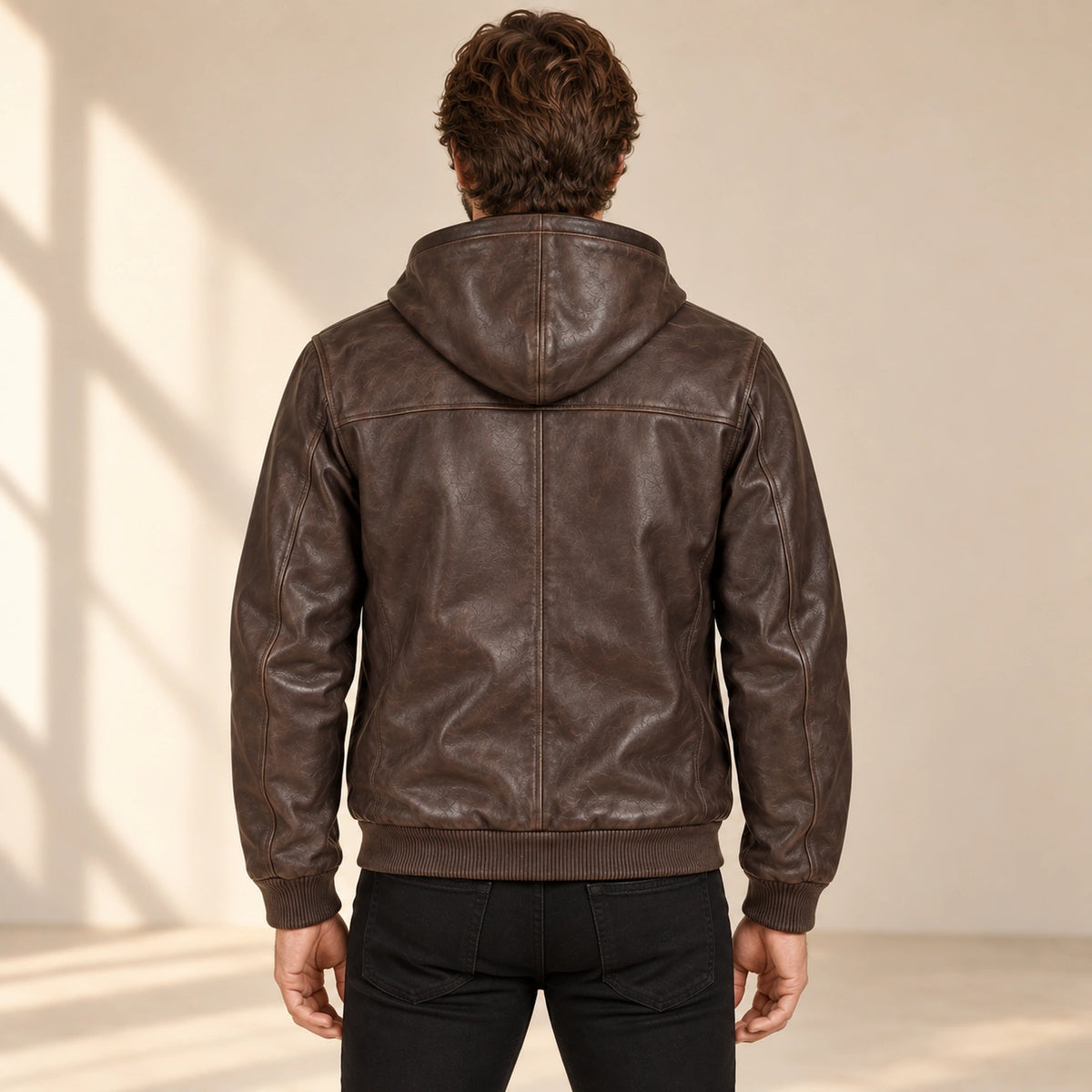 Male model wearing the Northwick Cafe Brown genuine leather zip hoodie, back view.