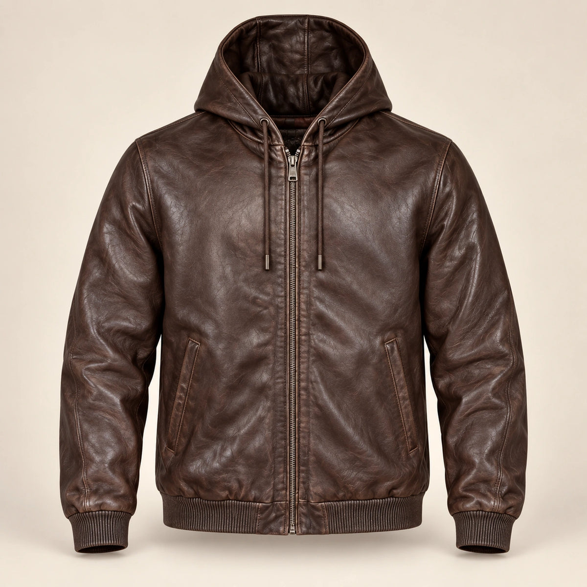 Northwick Cafe Brown genuine leather zip hoodie, straight product-only front view.