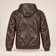 Northwick Cafe Brown genuine leather zip hoodie, straight product-only back view.