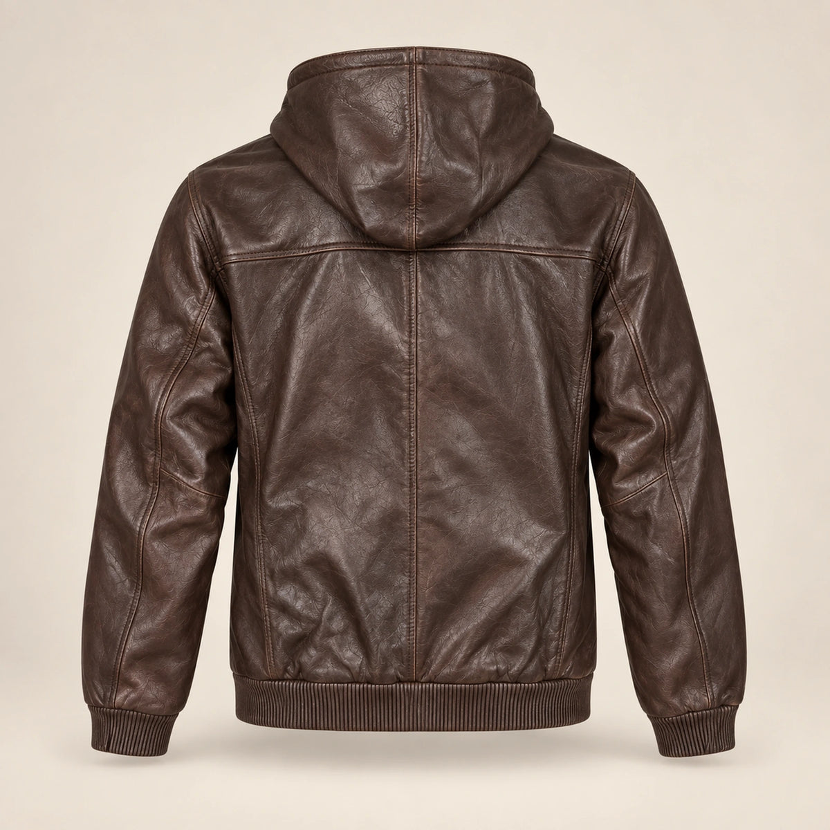 Northwick Cafe Brown genuine leather zip hoodie, straight product-only back view.