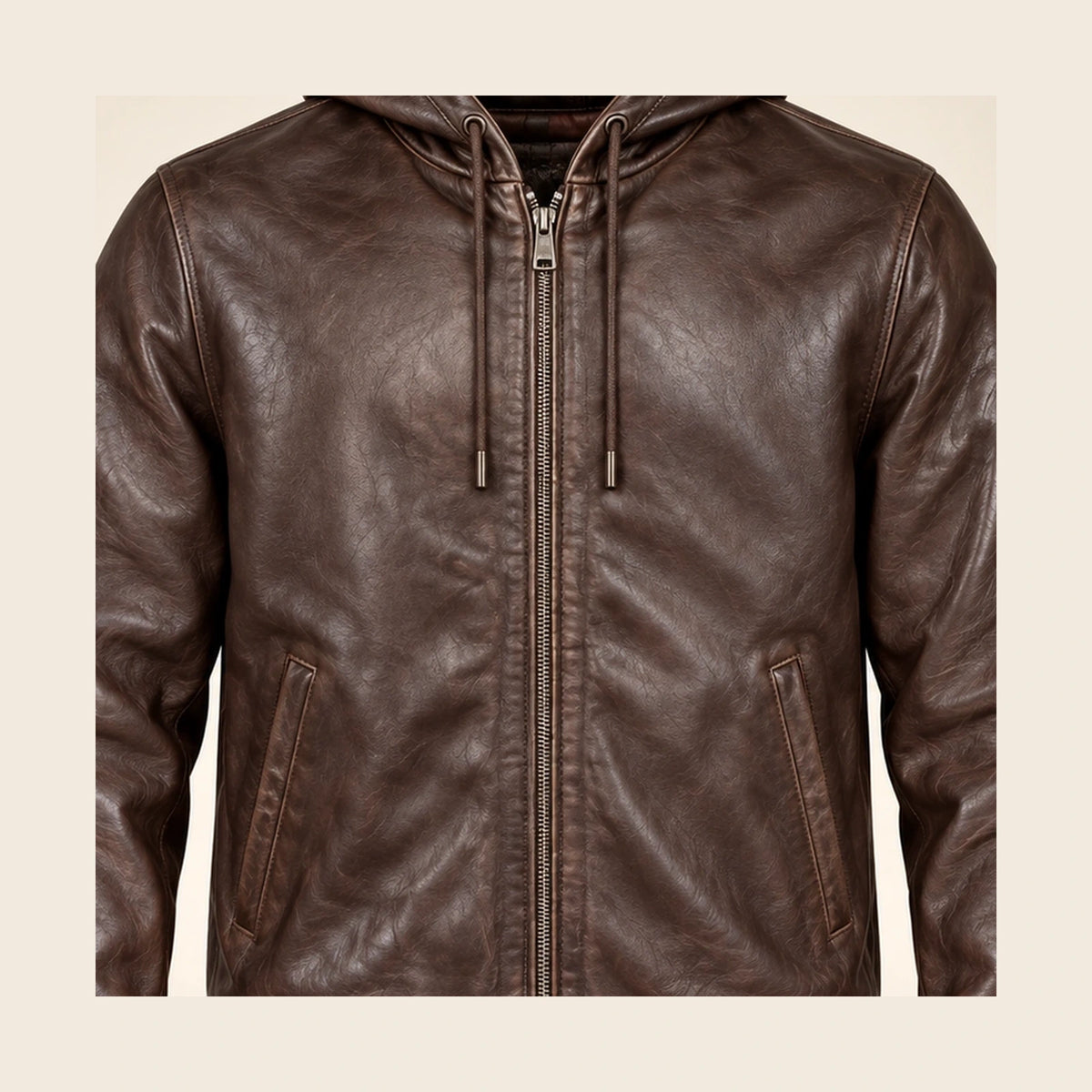 Close-up of the Northwick Cafe Brown leather texture, front zipper and side pocket construction.