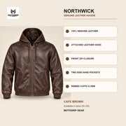 Northwick Cafe Brown genuine leather hoodie infographic showing its confirmed construction features.