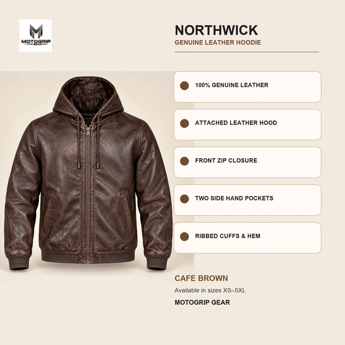 Northwick Cafe Brown genuine leather hoodie infographic showing its confirmed construction features.