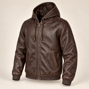 Northwick Cafe Brown genuine leather zip hoodie, product-only three-quarter front view.