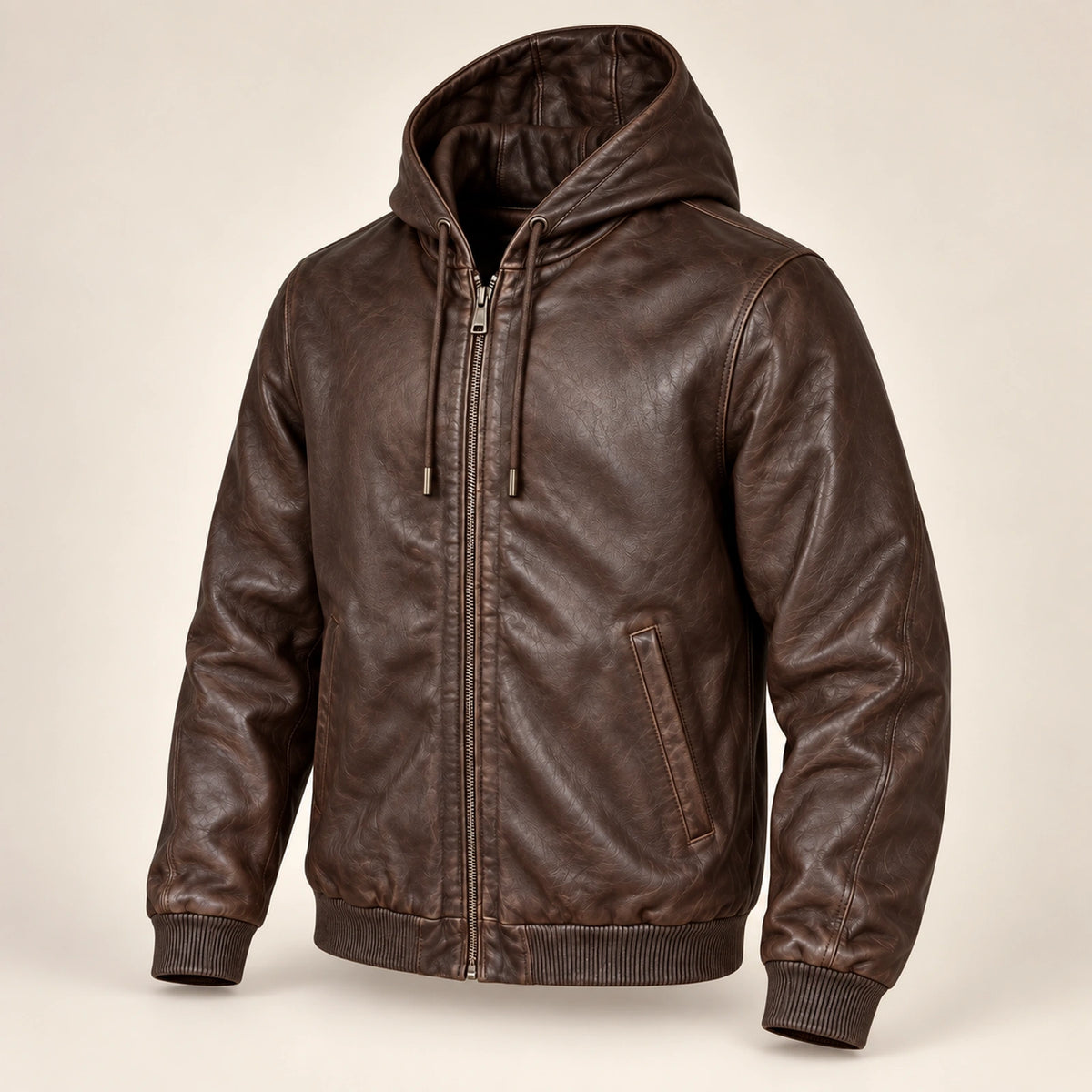 Northwick Cafe Brown genuine leather zip hoodie, product-only three-quarter front view.
