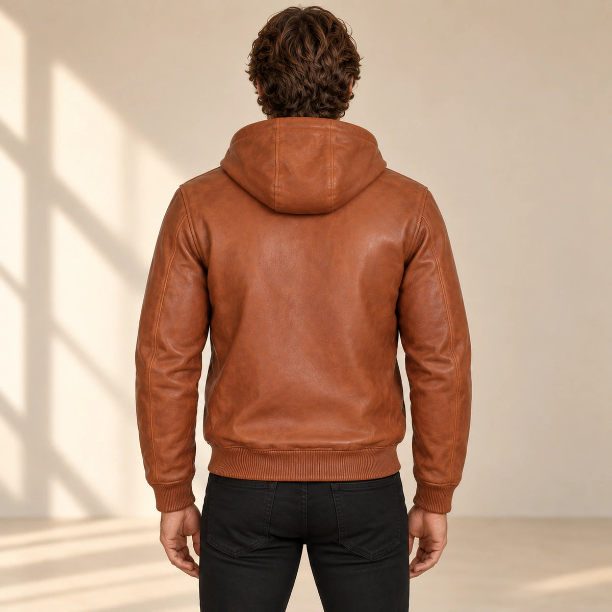 Male model wearing the Northwick Cognac genuine leather zip hoodie, back view.