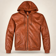 Northwick Cognac genuine leather zip hoodie, straight product-only front view.
