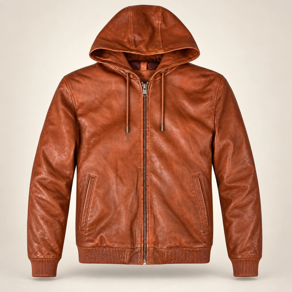 Northwick Cognac genuine leather zip hoodie, straight product-only front view.