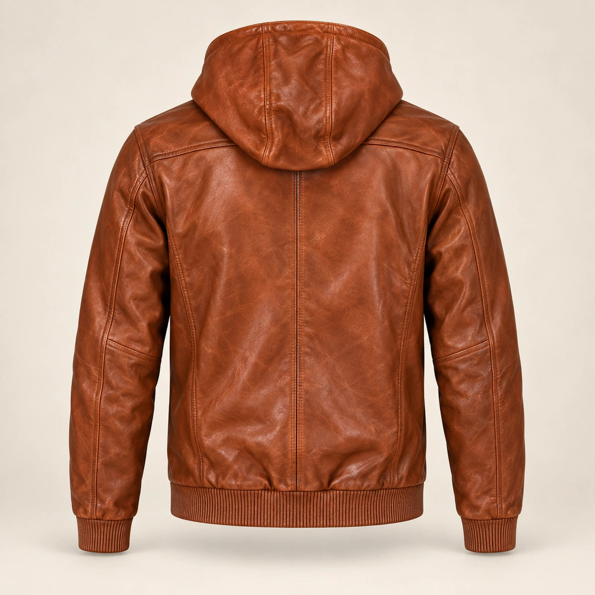Northwick Cognac genuine leather zip hoodie, straight product-only back view.
